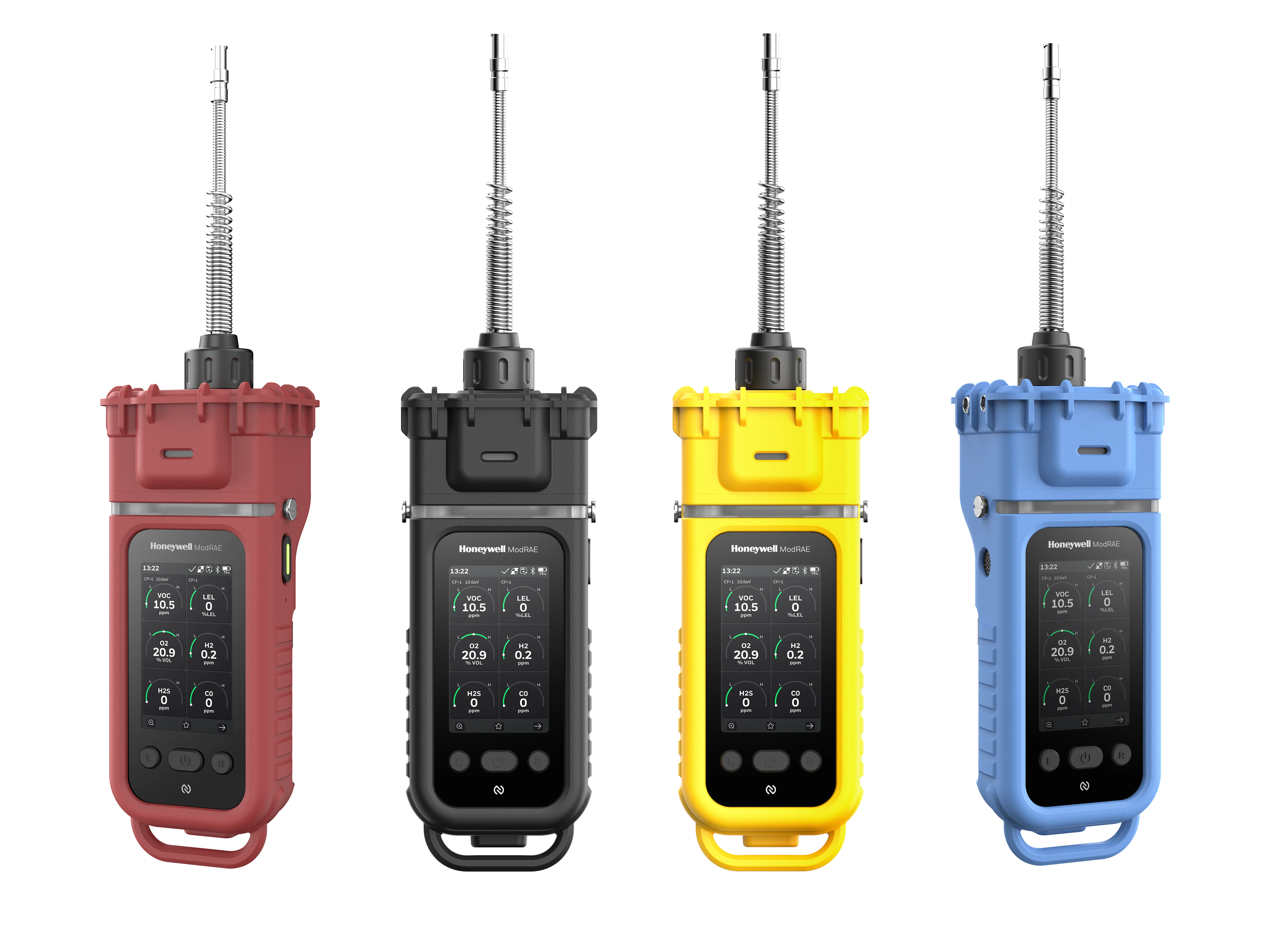 Honeywell ModRAE Gaswarngeräte in Rot, Schwarz, Gelb und Blau